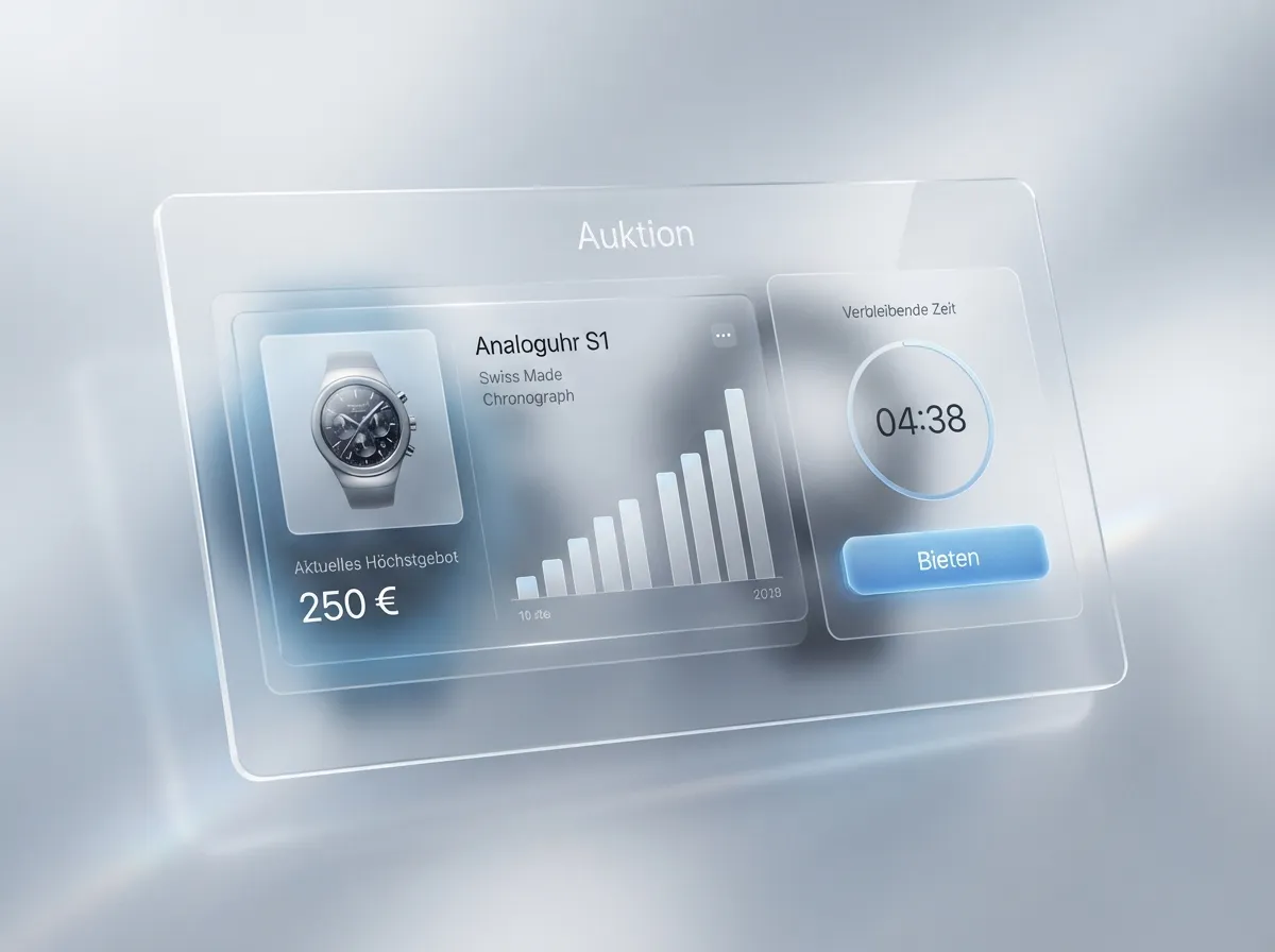 Beispiel eines Auktionssystems: Artikel mit aktuellem Höchstgebot von 250 €, Countdown und Button „Bieten“