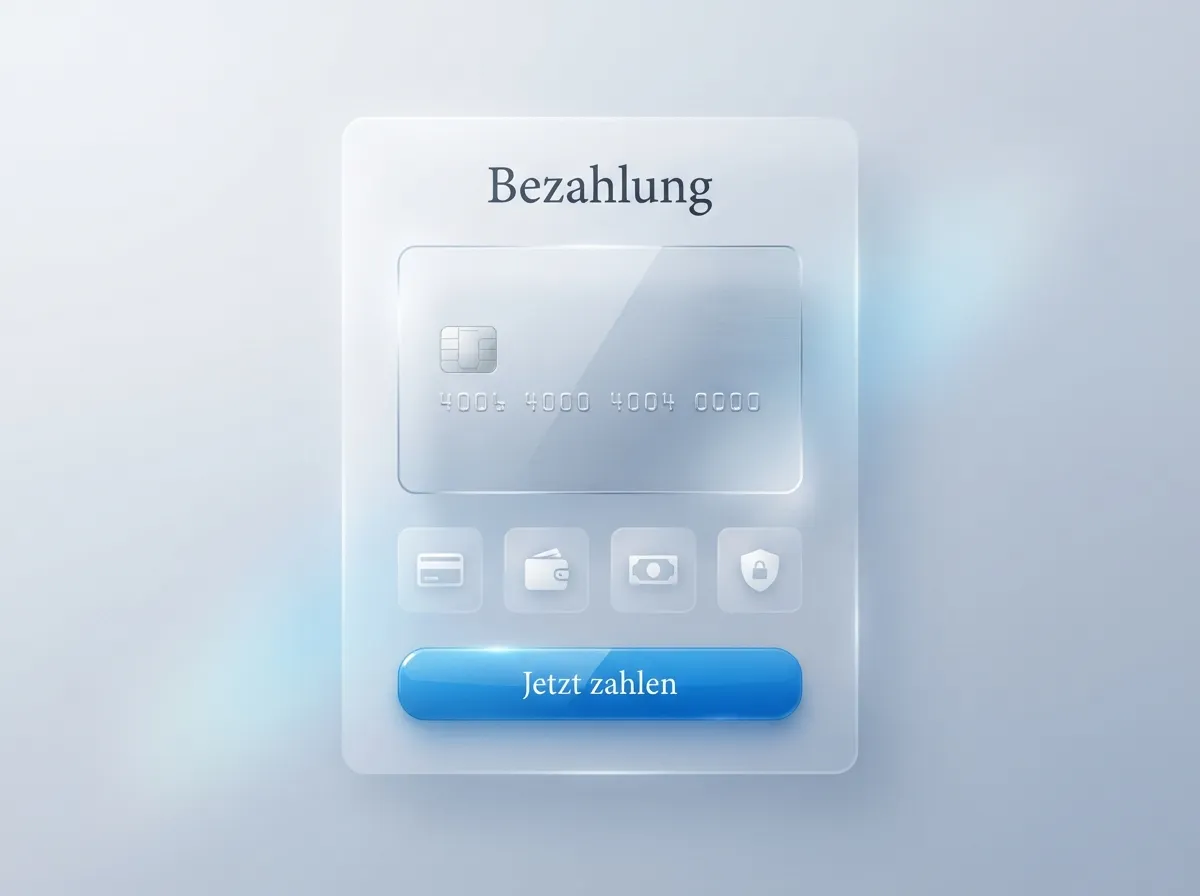 Beispiel einer Bezahlseite: Kreditkarte aus Glas, generische Zahlungs-Symbole und Button „Jetzt zahlen“