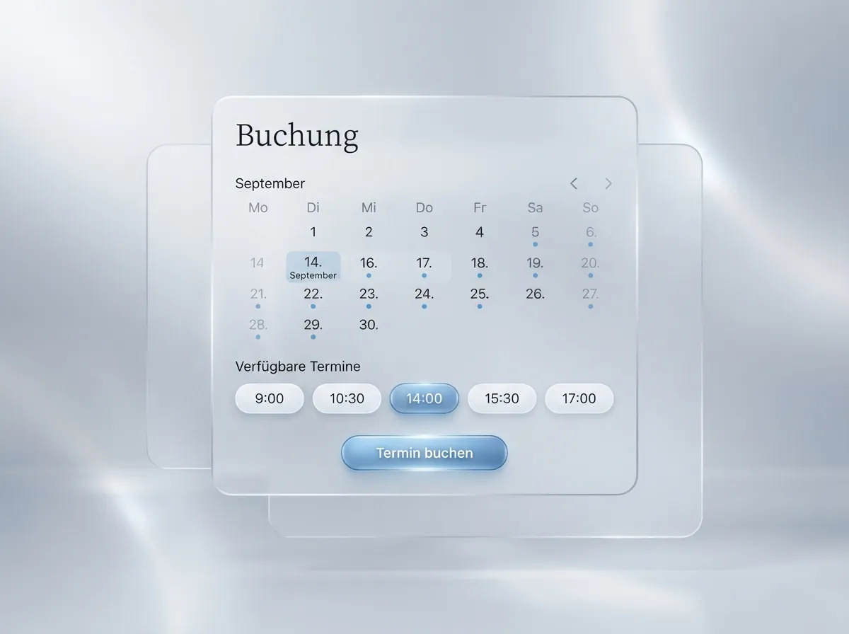 Beispiel eines Buchungssystems: Kalender mit freien Tagen, verfügbare Uhrzeiten und Button „Termin buchen“