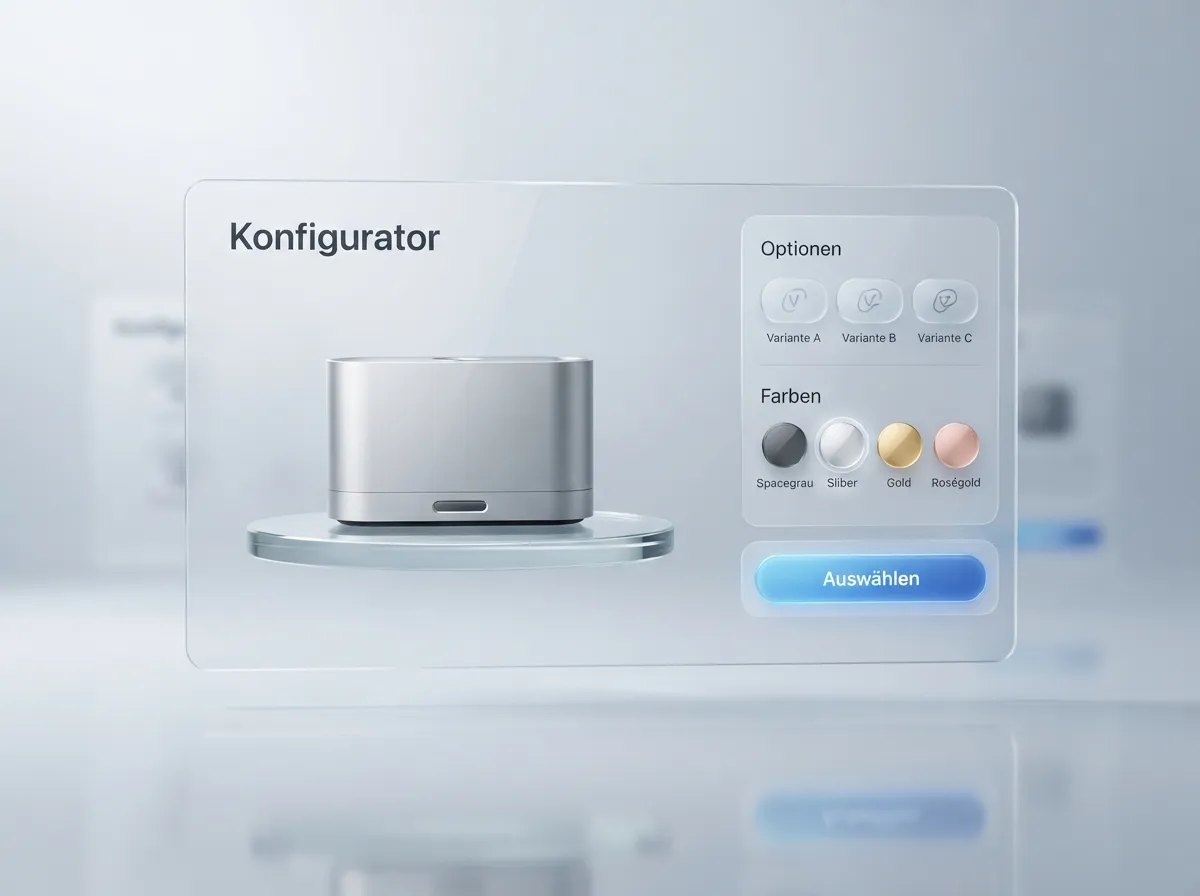 Beispiel eines Produkt-Konfigurators: Produkt auf Glas-Podest, daneben Optionen, Farbauswahl und Button „Auswählen“