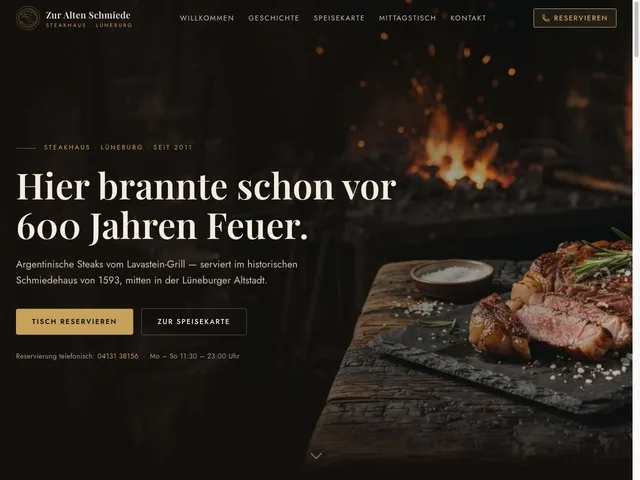 Screenshot der Webseite des Steakhauses Zur Alten Schmiede