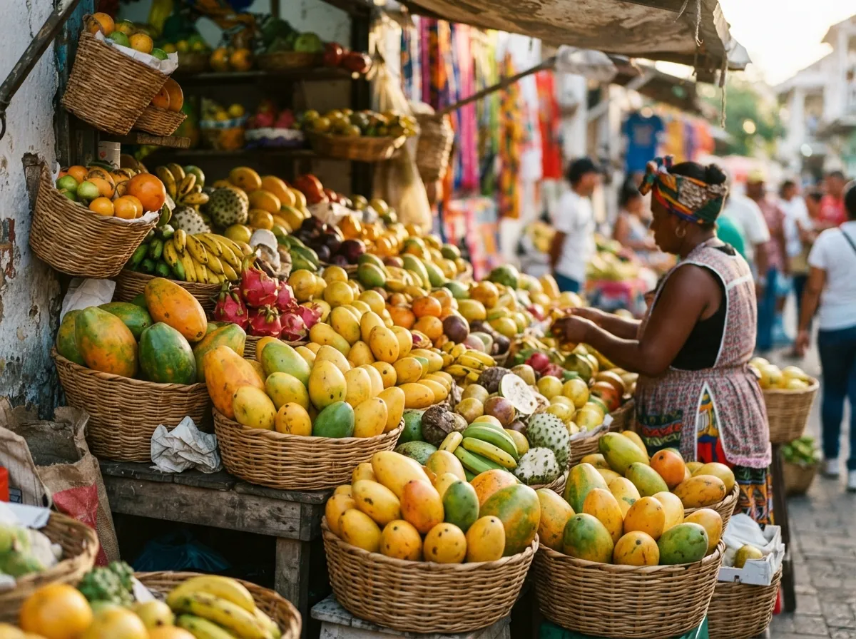 Lebhafter Markt mit tropischen Früchten und Händlern