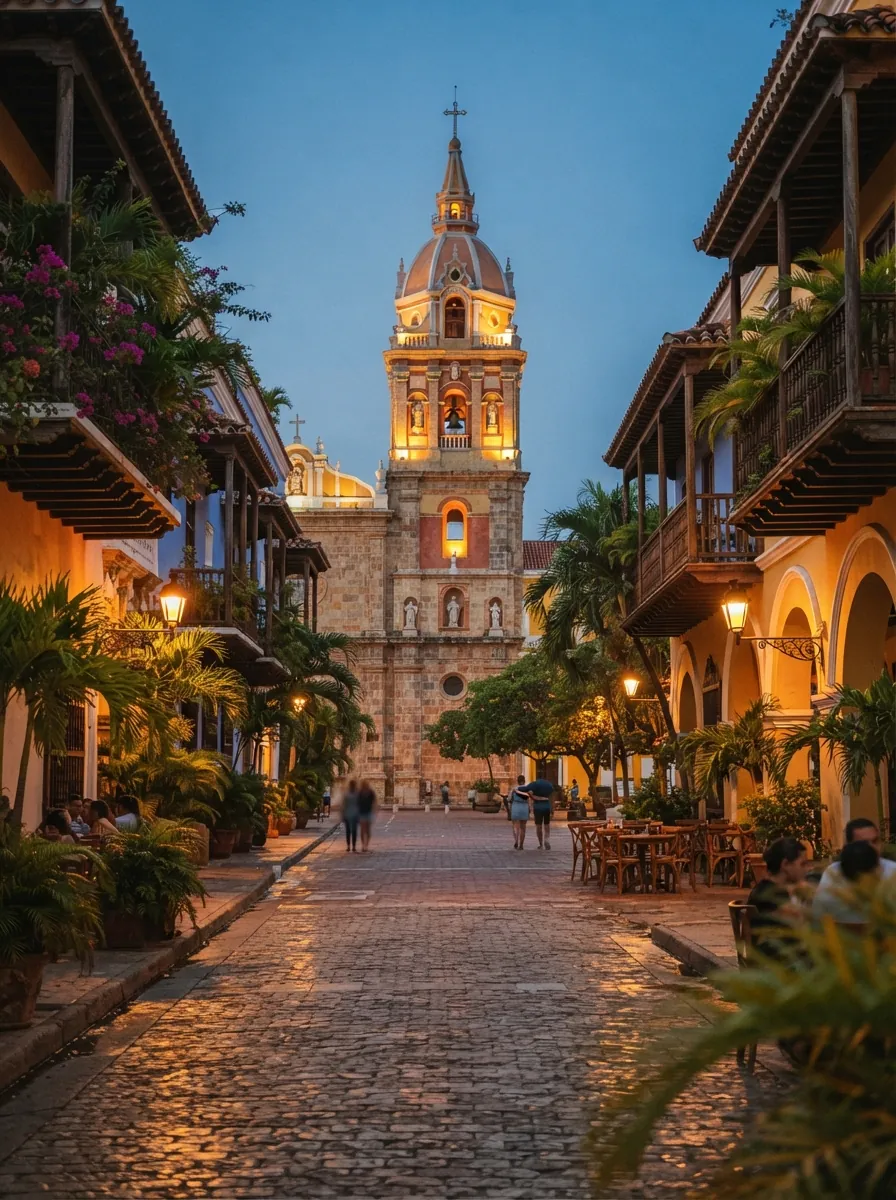 Historische Plaza mit Kolonialarchitektur und Menschen im Abendlicht