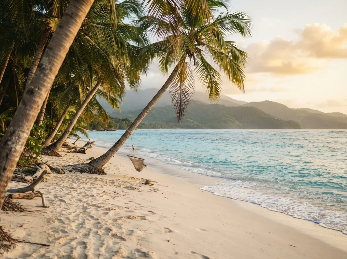 Karibischer Strand mit türkisem Wasser und Palmen