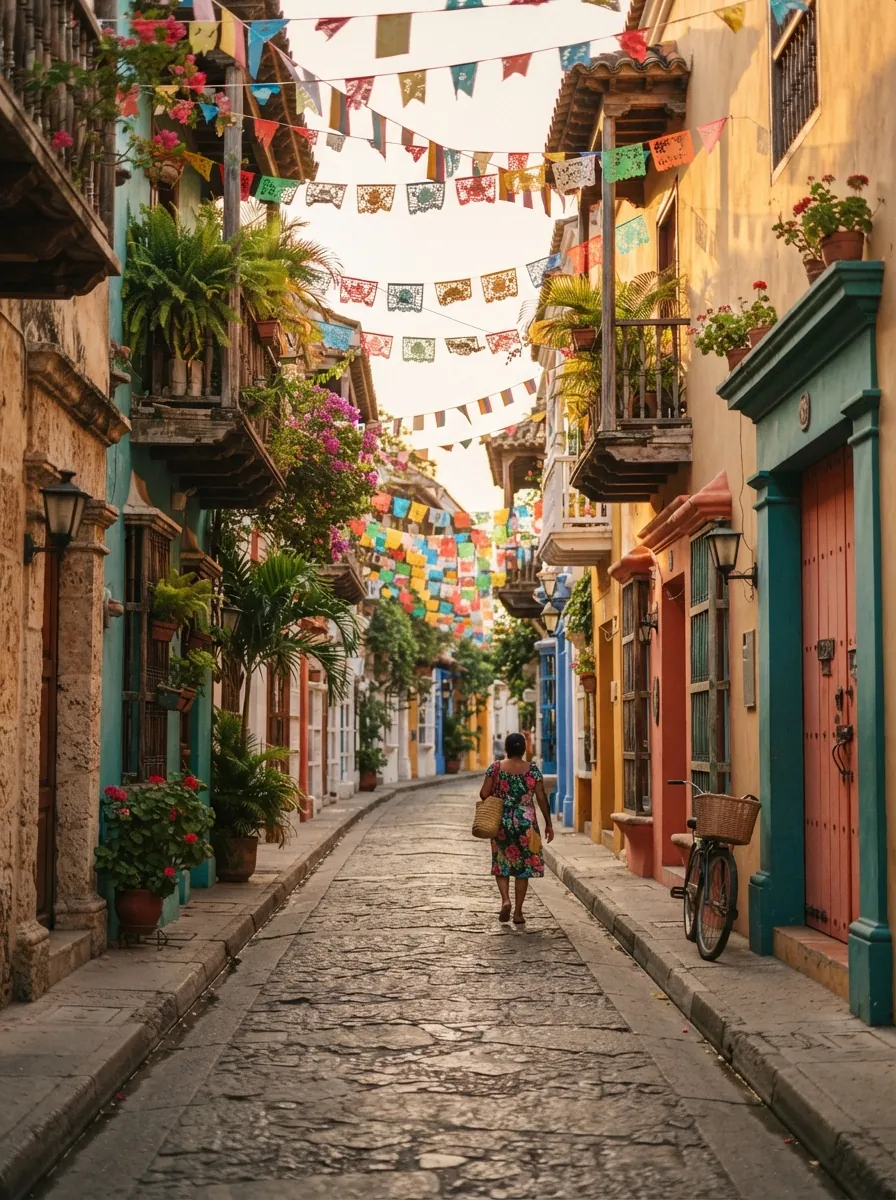 Bunte Kolonialgasse in der Altstadt mit Balkonen und Blumen