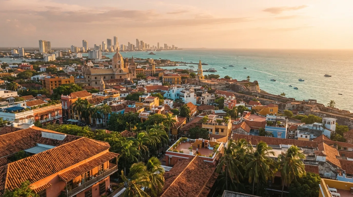 Die Altstadt von Cartagena an der kolumbianischen Karibikküste im goldenen Abendlicht